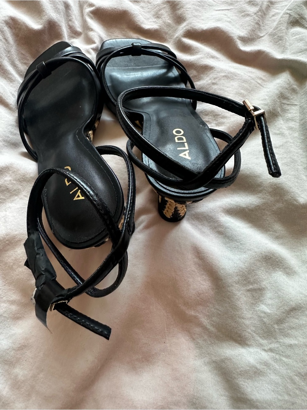 NEw Aldo Strappy Raffia Wedge Sandals Black Beige Resort Heels US 6 - Picture 7 of 9